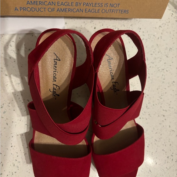 American Eagle, Red Cork Wedged Shoes with Elastic ankle straps. Size 8 - Picture 2 of 4